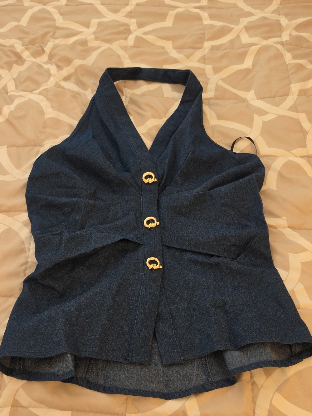 Commense Metal Button Denim Halter Ruched Top - Picture 1 of 4